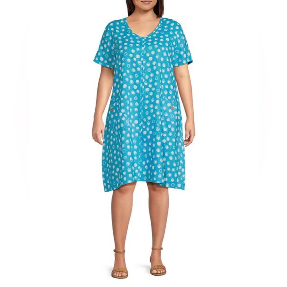 NWT Ali Miles Plus Sz 2X Woven Polka Dots Print V-Neck Short Sleeve A-Li…